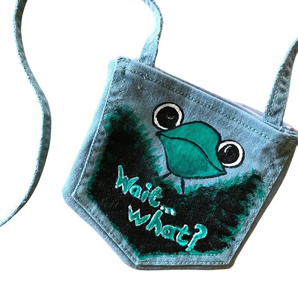 Handmade Crossbody Bag: Recycled Denim Cell Phone Holder, Whimsical Frog Purse - Picture 6 of 8